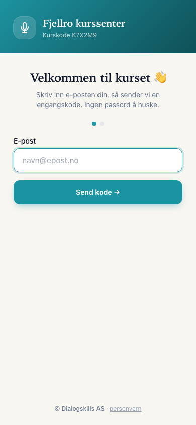 Mobil: velkommen til kurset, skriv inn e-post for engangskode