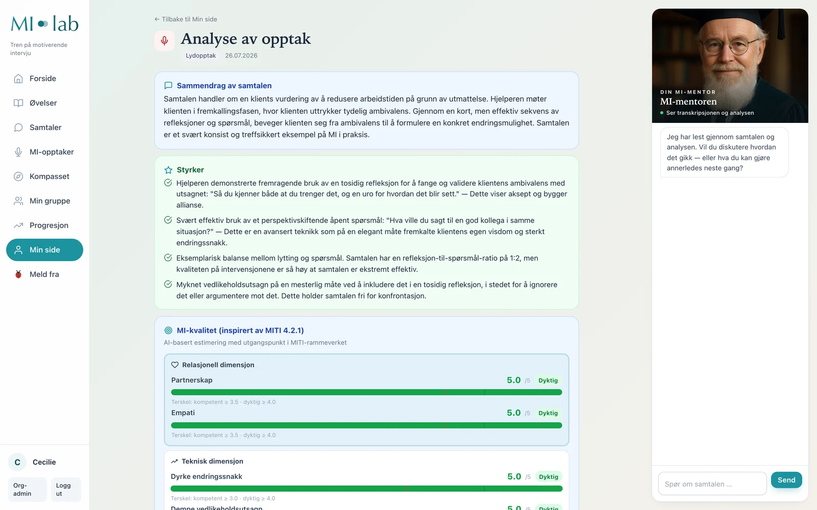 MITI-analyse av opptaket: sammendrag, styrker og MI-kvalitetsskårer